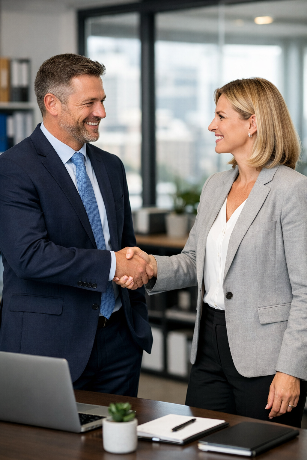 photographic Two professional people one a man and the other a woman in an office shaking hands-1